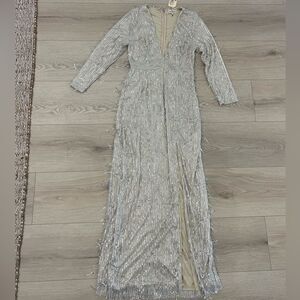 Southern fried chicks silver grey white long sleeve maxi dress fancy sequin s